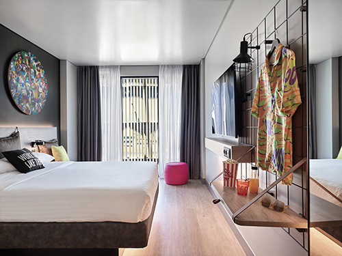A guest room at Moxy Athens City