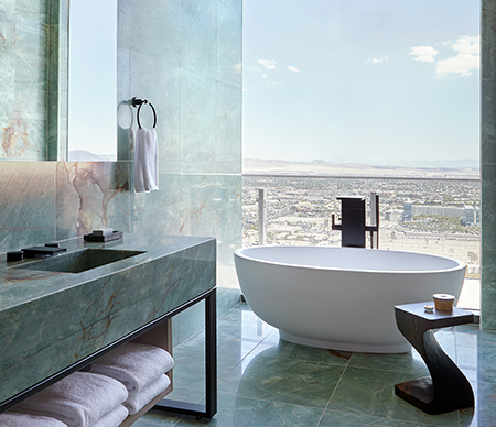 A marble bathroom in one of the Cosmopolitan of Las Vegas’ suites