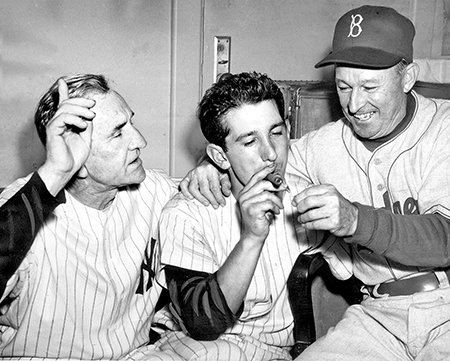 Martin's mentor Casey Stengel (left) celebrates with Martin (center) and Dodgers' Chuck Dressen